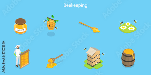 3D Isometric Flat Vector Set of Beekeeping, Honey Collecting