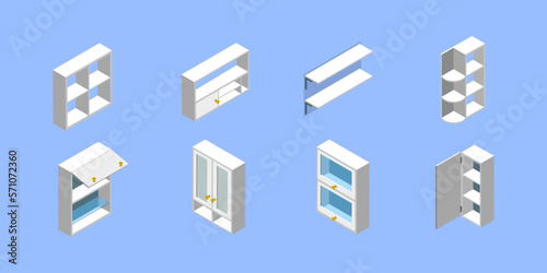 3D Isometric Flat Vector Set of Kitchen Cabinets, Empty Wooden Storages and Shelves