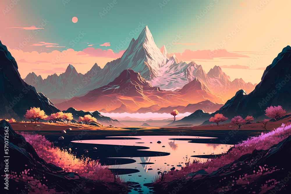 Scenery in light colors landscape, pink. Generative AI 