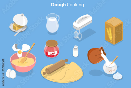 3D Isometric Flat Vector Conceptual Illustration of Dough Cooking, Preparation Homemade Pastry or Baking