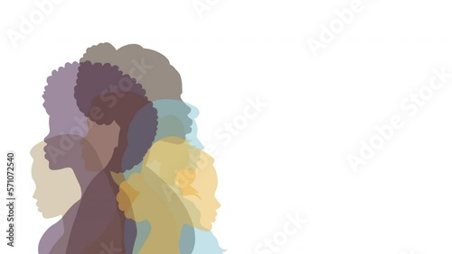 A variety of female silhouettes standing sideways. Strong and brave girls of different nationalities support each other. Concept of equality, international women's day, activism, feminism