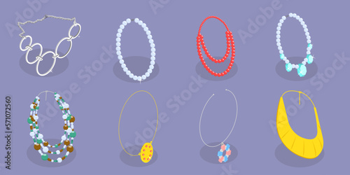 3D Isometric Flat Vector Set of Necklaces, Gemstones and Precious Accessorizes