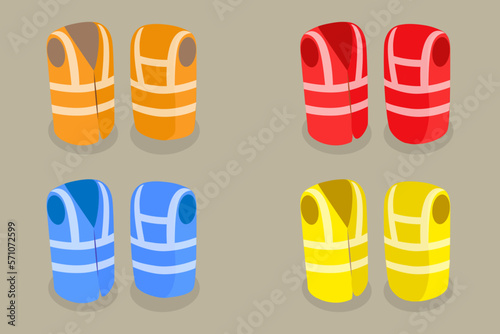 3D Isometric Flat Vector Set of Safety Reflective Vests, Fluorescent Security Safety Work Jacket
