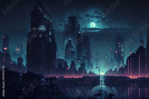 night city in the light of the moon and neon lights AI