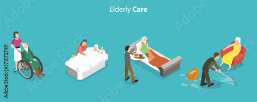 3D Isometric Flat Vector Conceptual Illustration of Elderly Care, Caregivers Assisting Seniors