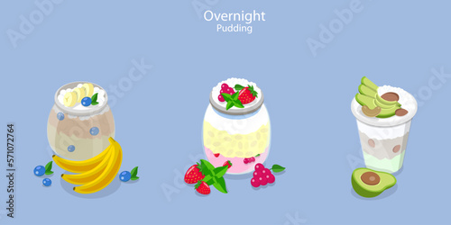 3D Isometric Flat Vector Set of Overnight Puddings, Oats with Fresh Strawberries, Blueberries