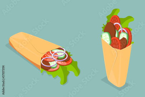 3D Isometric Flat Vector Icon of Shawarma Sandwich, Kebab or Burrito