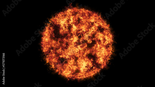 Abstract illustration of fire ball explosion like the sun, isolated on black background.