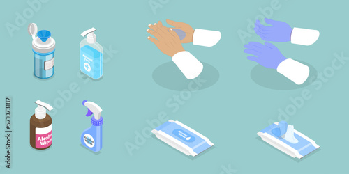 3D Isometric Flat Vector Set of Sanitizers, Personal Protective Equipment