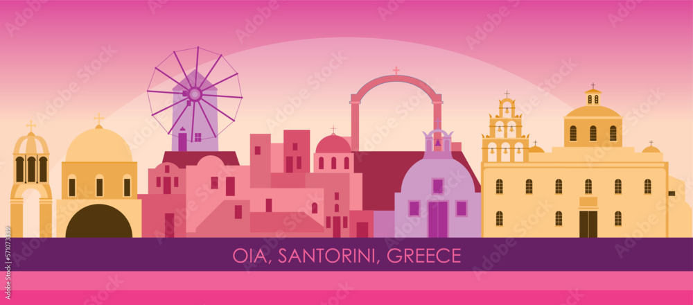 Sunset Skyline panorama of village of Oia, Santorini, Cyclades Islands, Greece - vector illustration