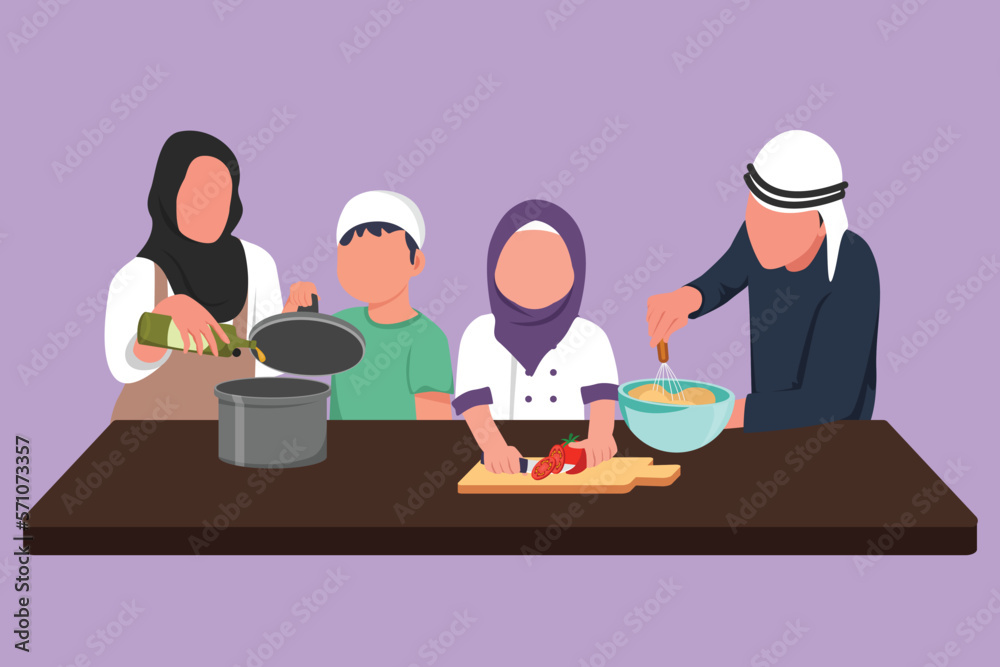 Cartoon flat style drawing Arabian family mom, dad, little daughter and son are cooking delicious food together in kitchen for dinner at home. Kitchenware, crockery. Graphic design vector illustration Cartoon flat style drawing Arabian family mom, dad, little daughter and son are cooking delicious food together in kitchen for dinner at home. Kitchenware, crockery. Graphic design vector illustration