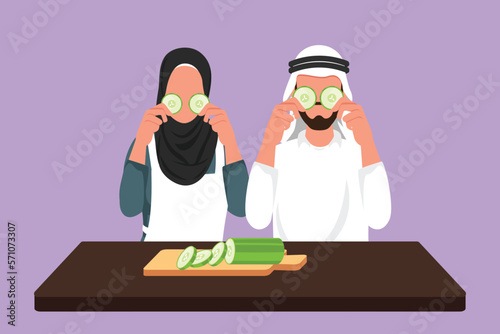 Cartoon flat style drawing beautiful wife and her husband are holding slices of cucumber while cooking in cozy kitchen at home. Happy Arab couple working together. Graphic design vector illustration
