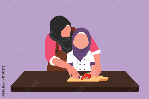 Graphic flat design drawing Arabian mother teaching her daughter to cut vegetables and fruit. Healthy food. Happy family, mom and child cooking together in kitchen. Cartoon style vector illustration