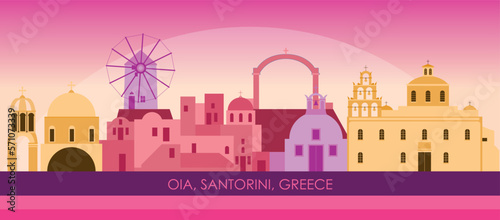 Sunset Skyline panorama of village of Oia, Santorini, Cyclades Islands, Greece - vector illustration