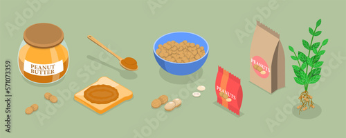3D Isometric Flat Vector Set of Peanut Snacks, Healthy Energy Food