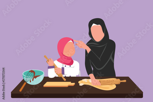 Graphic flat design drawing Arab mother and daughter wearing apron cook in kitchen. Mom and her little girl enjoying kneading cake dough or bakery together at home. Cartoon style vector illustration