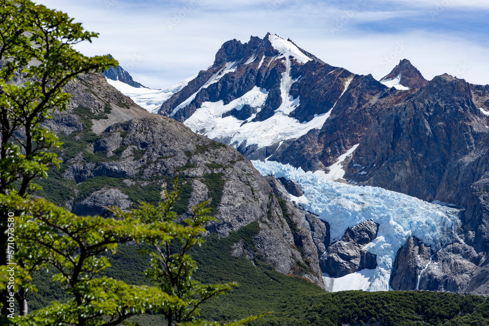 View to the beautiful glaciar Piedras Blancas while hiking to Laguna de los Tres and Mount Fitz Roy in Patagonia, Argentina, South America 