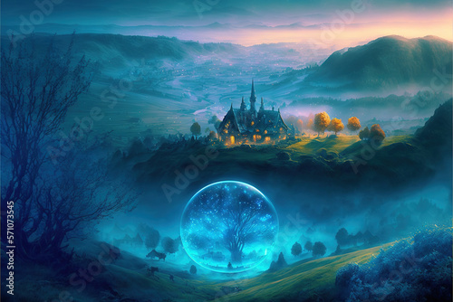 Fantasy village covered in mist and blue glow AI © Terablete