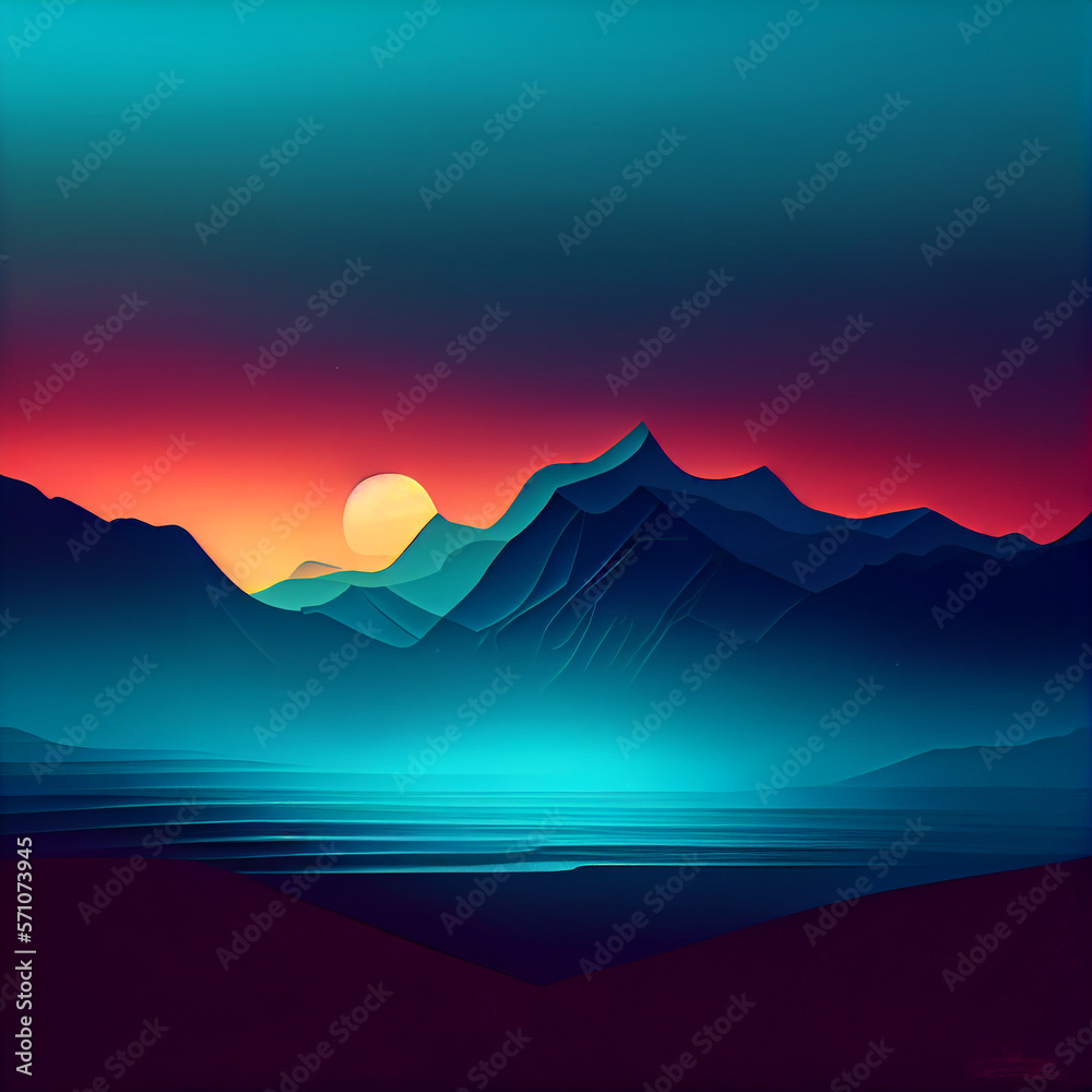 Poster Print simple landscape mountains sunset background 40x40 cm