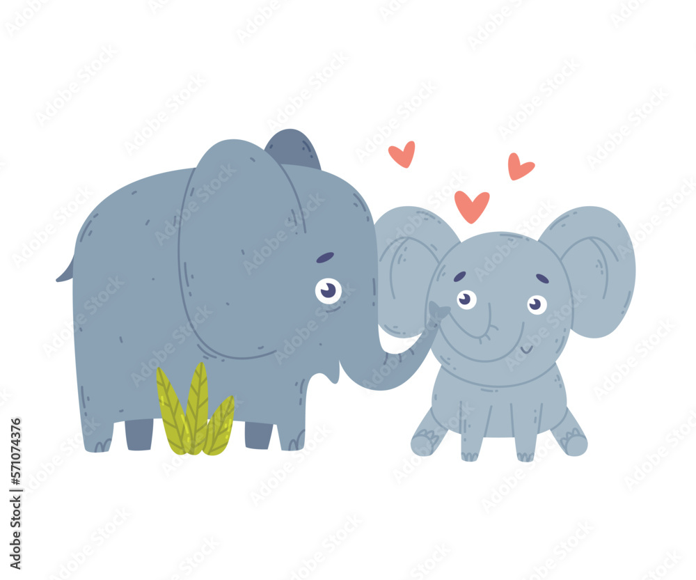 Cute elephant family. Animal parent and its baby. Happy parenthood cartoon vector illustration