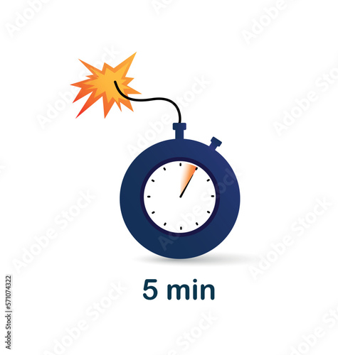 5 minute clock bomb. Time management and deadline pressure. Special marketing offer, discounts and promotions, limited edition. Poster or banner. Cartoon flat vector illustration