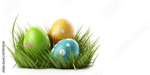 Easter eggs in the grass, isolated on a white background. Easter concept with copy space for text. Generative ai and digital editing.