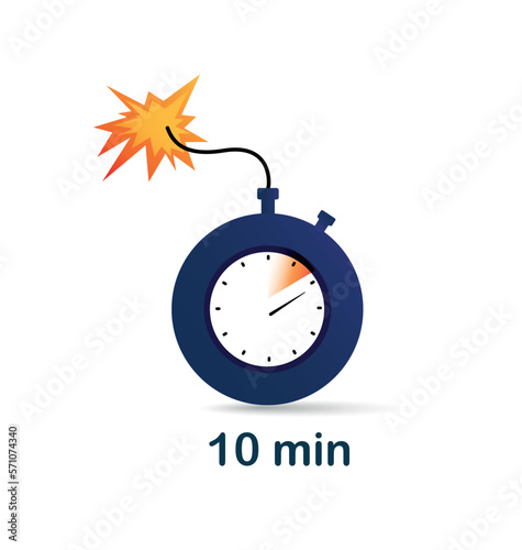 10 minute clock bomb. Explosion and danger, weapon. Graphic element for website. Marketing and special limited offer. Time interval metaphor. Cartoon flat vector illustration