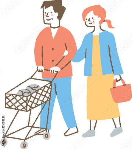 買い物でカートを押している夫婦_色