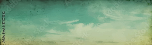 Vintage green nature background with dirty, old paper texture and blue sky pattern.