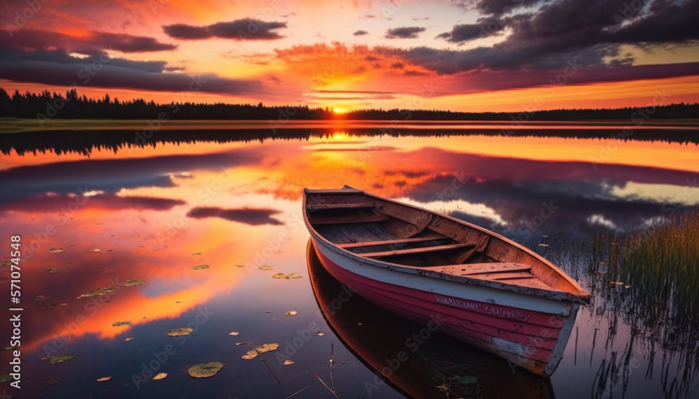 Sunset over a Lake with a Boat