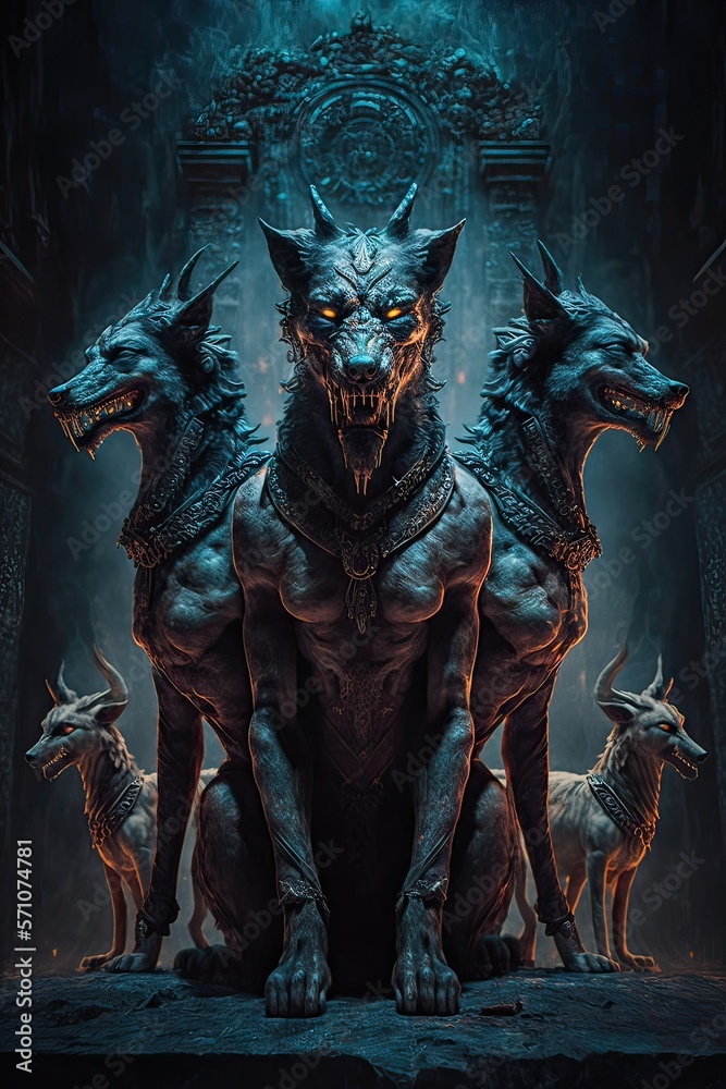Cerberus, the hound of Hades, from Greek mythology is the guardian to the entrance to the underworld. The legendary three headed monster dog of myth and fantasy , Generative AI