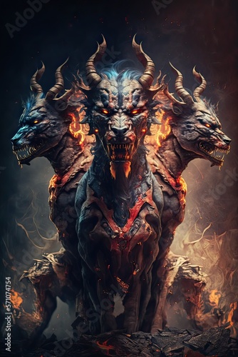 Cerberus  the hound of Hades  from Greek mythology is the guardian to the entrance to the underworld. The legendary three headed monster dog of myth and fantasy   Generative AI