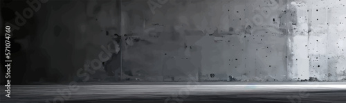 Dark and empty studio scene with black and textured concrete floor, illuminated by light falling on product against an abstract photo background.