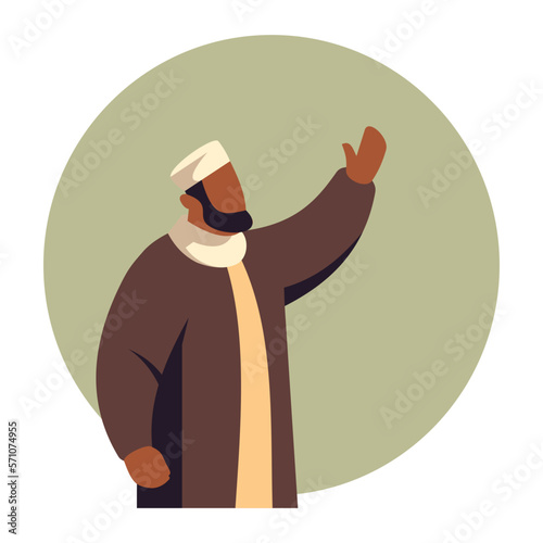 Muslim man greets with raised hand vector illustration