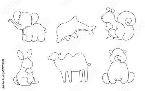 Line art animals set. Collection of graphic elements for website. Solhouette of elephant, dolphin, bear, cammel, hare and squirrel. Cartoon flat vector illustrations isolated on white background photo