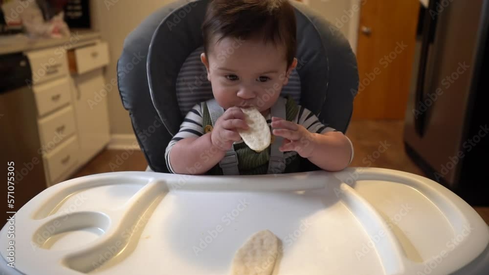 biracial baby hispanic latino eating on a high chair in the kitchen biracial baby hispanic latino eating on a high chair in the kitchen