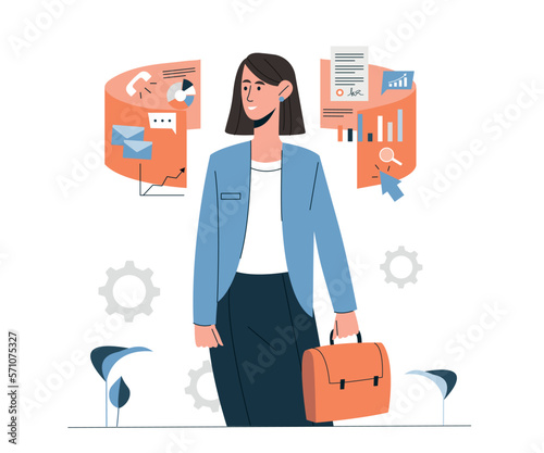 Multitasking woman concept. Girl with briefcase evaluates graphs and charts. Hardworking businesswoman works with statistics. Financial literacy and passive income. Cartoon flat vector illustration