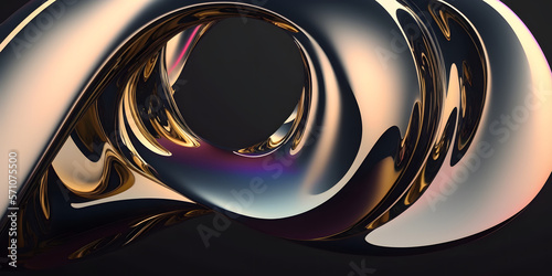 Abstract 3D Dark Golden Silver Glass Curves in Motion. Glossy  Elegant  Reflective Surface and Gradient Organic Waves. Hole Loop in the Middle Background