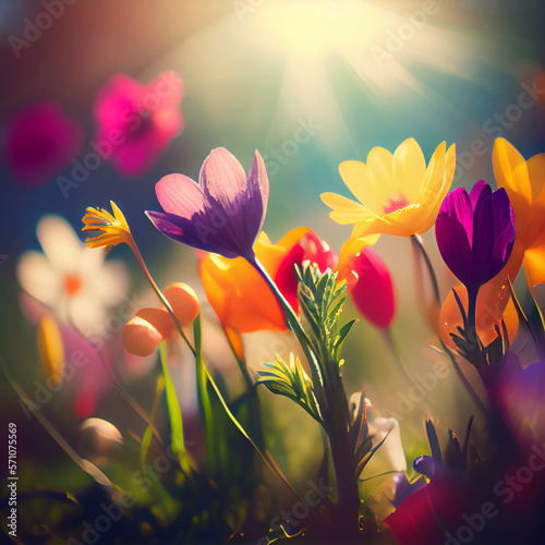 Beautiful colorful spring flowers and grass field in a sunny day, generative ai