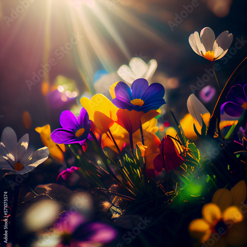 Photographie Beautiful colorful spring flowers and grass field in a sunny day, generative ai
