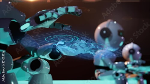 closeup animation of robot hands writing hud interface futuristic style keyboard with chatbots in background. A.i. help to customer
