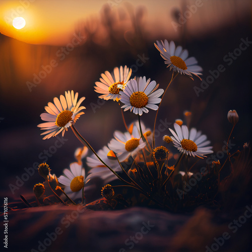 Beautiful daisy flowers in grass field with sunset background, generative ai