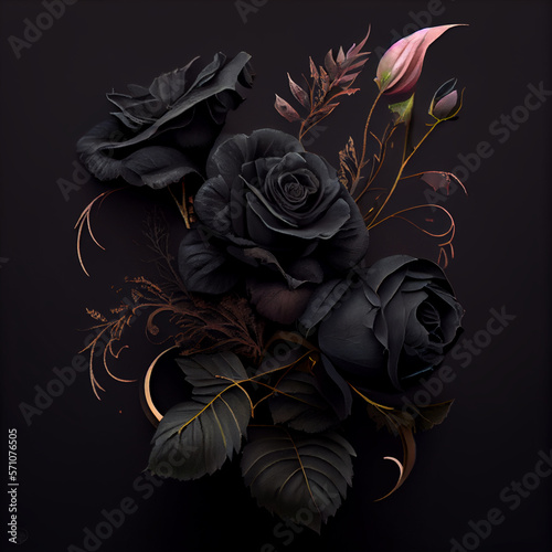 Black rose flower close up, dark roses background. Generative AI