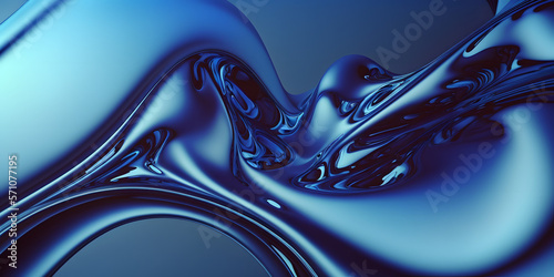 Abstract 3D Fluid Glass Water on Blue Wave in Motion Background. Glossy, Reflective Surface and Organic Curves. Dynamic Graphic Element