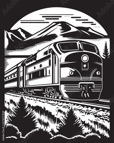 steam locomotive in the mountains linocut vector illustration