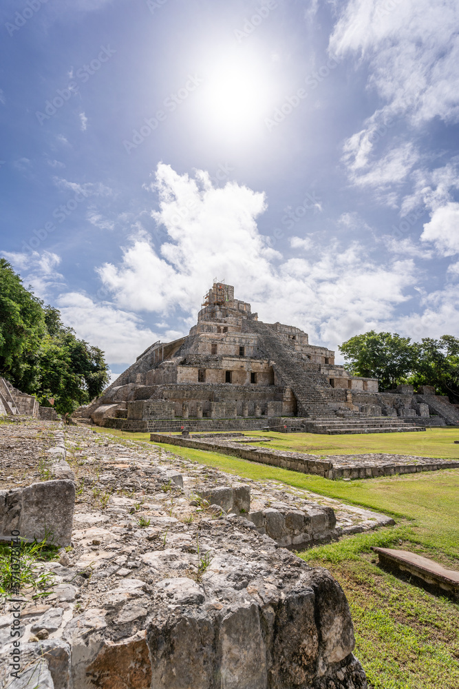 The ruins of a beautiful pyramid in the archaeological zone of Edzna in Mexico.