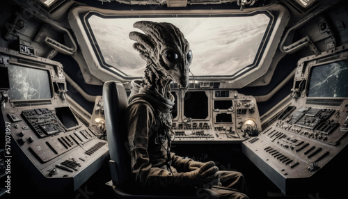 Fotografija Humanoid Alien Foreign Lifeform in UFO Cockpit. Generative AI.