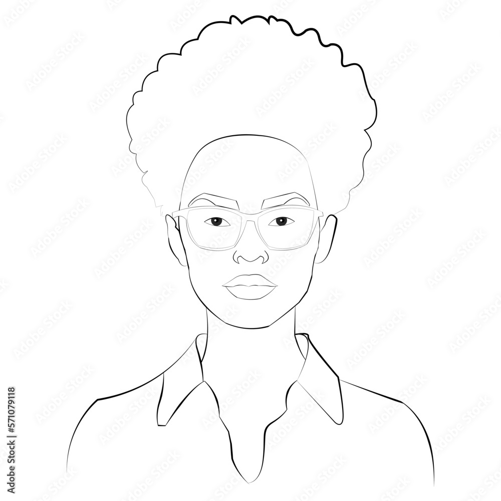 Black and white vector illustration of an Afro-descendant woman who has been a leader of her community / Afro project manager / Afro CEO
