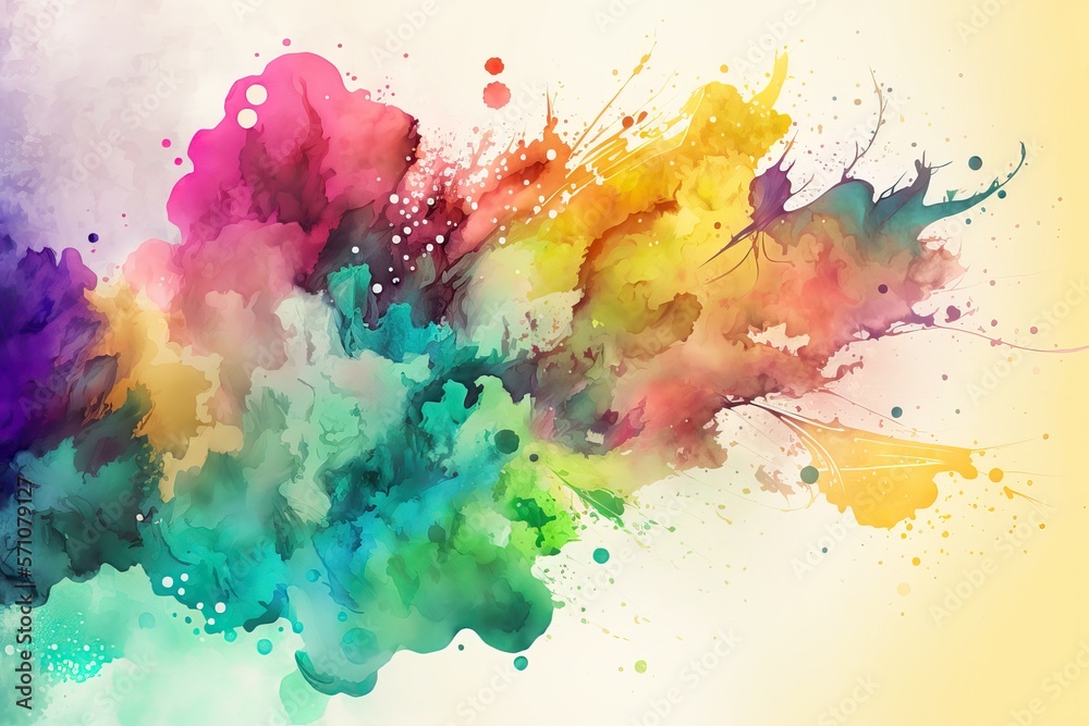 Abstract watercolor background with rainbow colors, ink blot and splash art style, generative ai