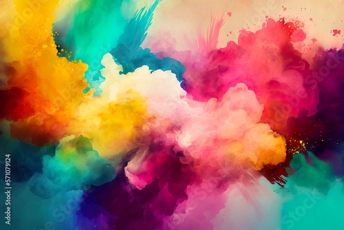 Abstract watercolor background with rainbow colors, ink blot and splash art style, generative ai